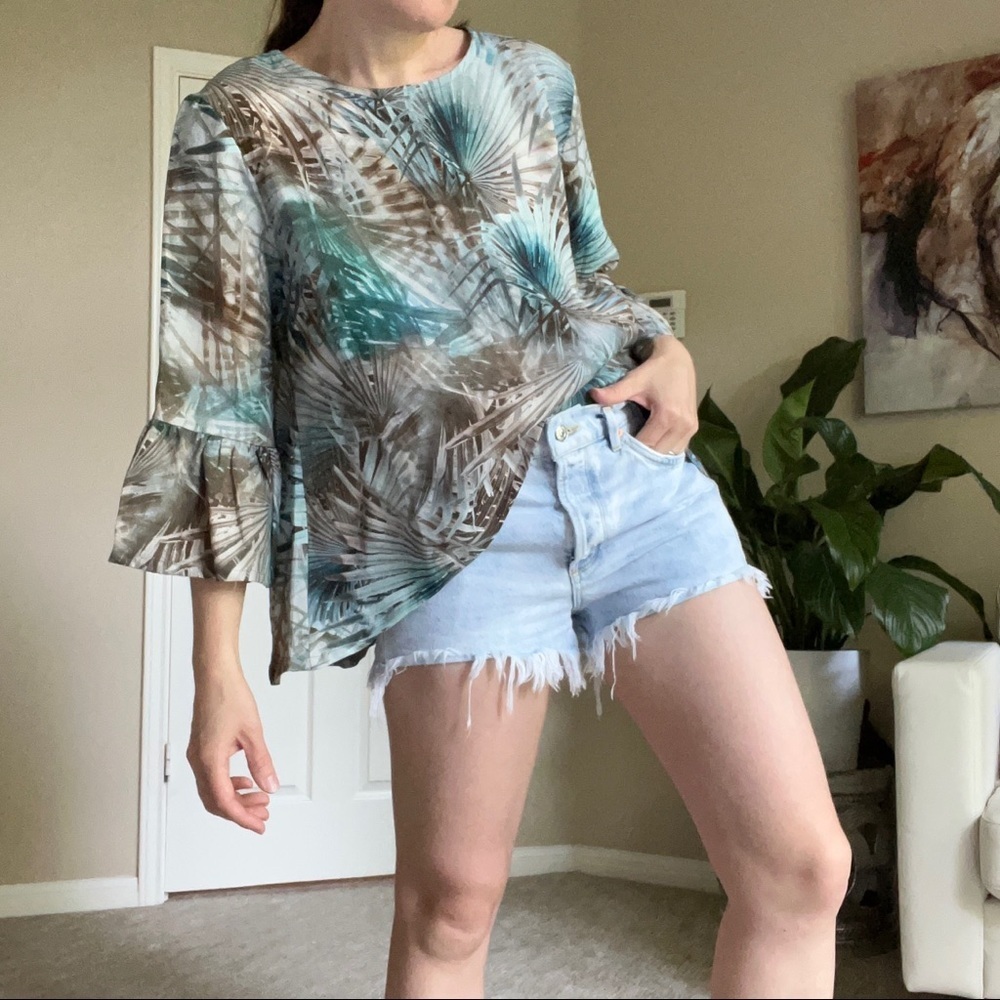 BRYN WALKER Ruffle Sleeve Palm Print 100% Linen Top, XS